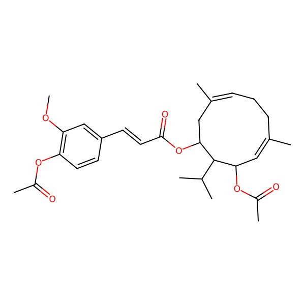 2D Structure of [(1S,3E,7E,9S,10R)-9-acetyloxy-3,7-dimethyl-10-propan-2-ylcyclodeca-3,7-dien-1-yl] (E)-3-(4-acetyloxy-3-methoxyphenyl)prop-2-enoate