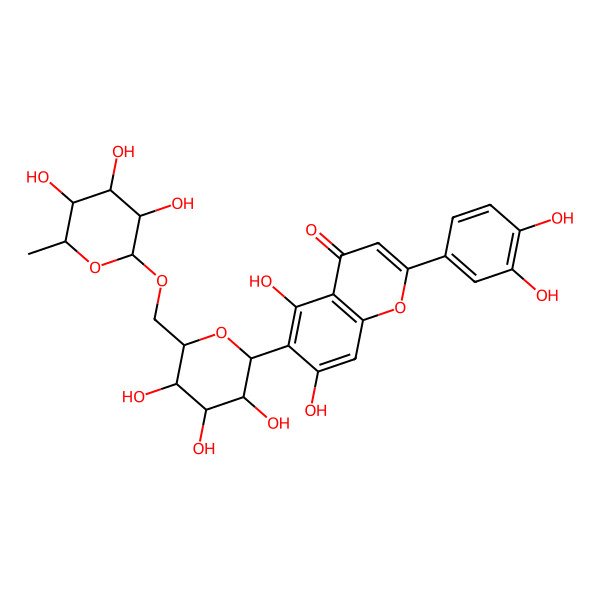 2D Structure of 2-(3,4-dihydroxyphenyl)-5,7-dihydroxy-6-[(2S,3R,4R,5S,6S)-3,4,5-trihydroxy-6-[[(2R,3R,4S,5R,6S)-3,4,5-trihydroxy-6-methyloxan-2-yl]oxymethyl]oxan-2-yl]chromen-4-one