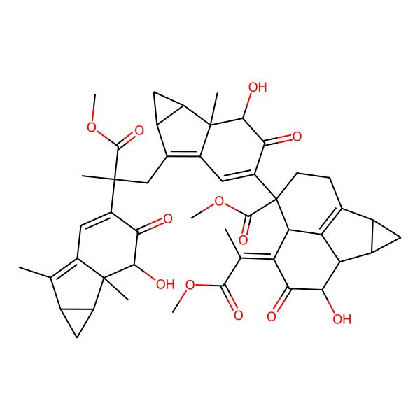 2D Structure of methyl (2R,4S,8R,9R,10Z,12R)-8-[(1aR,1bS,2R,6aS)-6-[(2R)-2-[(1aR,1bS,2R,6aS)-2-hydroxy-1b,6-dimethyl-3-oxo-1,1a,2,6a-tetrahydrocyclopropa[a]inden-4-yl]-3-methoxy-2-methyl-3-oxopropyl]-2-hydroxy-1b-methyl-3-oxo-1,1a,2,6a-tetrahydrocyclopropa[a]inden-4-yl]-12-hydroxy-10-(1-methoxy-1-oxopropan-2-ylidene)-11-oxotetracyclo[7.3.1.02,4.05,13]tridec-5(13)-ene-8-carboxylate