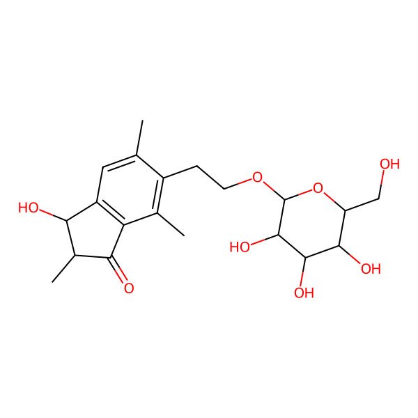 2D Structure of (3R)-3-hydroxy-2,5,7-trimethyl-6-[2-[(2R,3R,4S,5S,6R)-3,4,5-trihydroxy-6-(hydroxymethyl)oxan-2-yl]oxyethyl]-2,3-dihydroinden-1-one