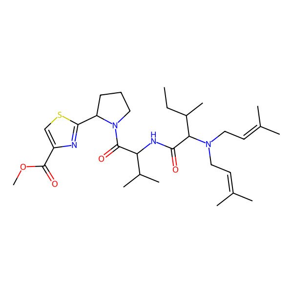 2D Structure of methyl 2-[(2S)-1-[(2S)-2-[[(2S)-2-[bis(3-methylbut-2-enyl)amino]-3-methylpentanoyl]amino]-3-methylbutanoyl]pyrrolidin-2-yl]-1,3-thiazole-4-carboxylate