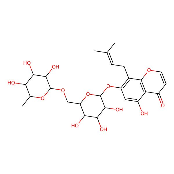 2D Structure of 5-hydroxy-8-(3-methylbut-2-enyl)-7-[(2S,3R,4S,5S,6R)-3,4,5-trihydroxy-6-[[(2R,3R,4R,5R,6S)-3,4,5-trihydroxy-6-methyloxan-2-yl]oxymethyl]oxan-2-yl]oxychromen-4-one