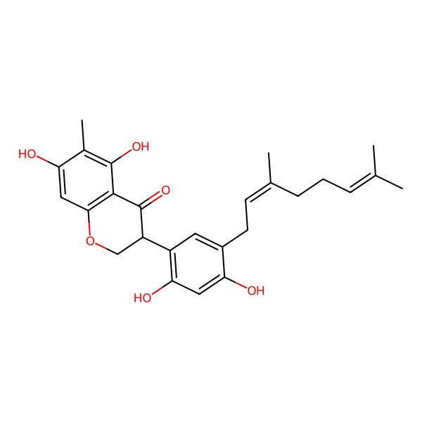 2D Structure of 3-[5-(3,7-Dimethylocta-2,6-dienyl)-2,4-dihydroxyphenyl]-5,7-dihydroxy-6-methyl-2,3-dihydrochromen-4-one
