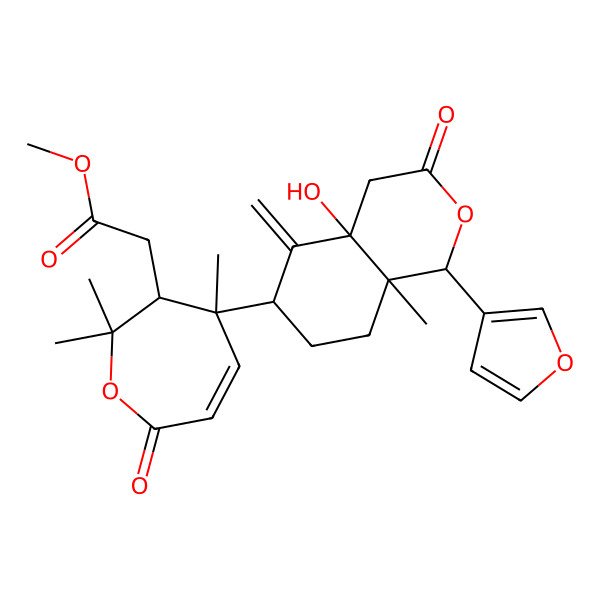 2D Structure of methyl 2-[(3R,4R)-4-[(1R,4aR,6S,8aR)-1-(furan-3-yl)-4a-hydroxy-8a-methyl-5-methylidene-3-oxo-4,6,7,8-tetrahydro-1H-isochromen-6-yl]-2,2,4-trimethyl-7-oxo-3H-oxepin-3-yl]acetate