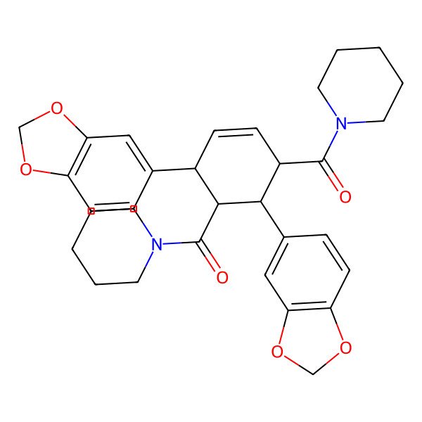 2D Structure of [(1R,4S,5R,6R)-4,6-bis(1,3-benzodioxol-5-yl)-5-(piperidine-1-carbonyl)cyclohex-2-en-1-yl]-piperidin-1-ylmethanone