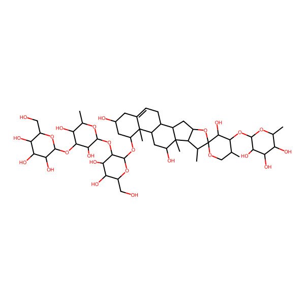 2D Structure of 14-[3-[3,5-Dihydroxy-6-methyl-4-[3,4,5-trihydroxy-6-(hydroxymethyl)oxan-2-yl]oxyoxan-2-yl]oxy-4,5-dihydroxy-6-(hydroxymethyl)oxan-2-yl]oxy-5',7,9,13-tetramethyl-4'-(3,4,5-trihydroxy-6-methyloxan-2-yl)oxyspiro[5-oxapentacyclo[10.8.0.02,9.04,8.013,18]icos-18-ene-6,2'-oxane]-3',10,16-triol