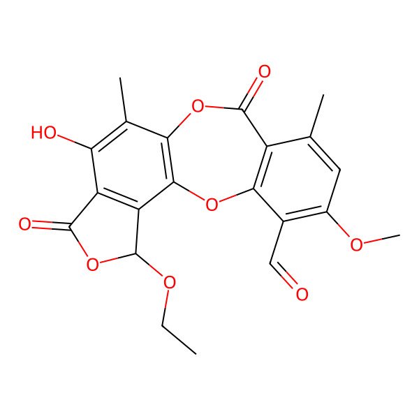 2D Structure of (17S)-17-ethoxy-13-hydroxy-5-methoxy-7,12-dimethyl-9,15-dioxo-2,10,16-trioxatetracyclo[9.7.0.03,8.014,18]octadeca-1(11),3(8),4,6,12,14(18)-hexaene-4-carbaldehyde