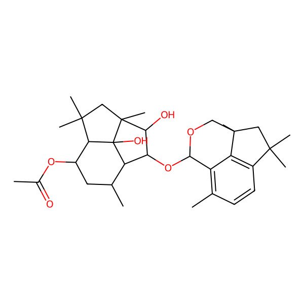 2D Structure of [3,11-Dihydroxy-4,6,6,10-tetramethyl-2-[(2,2,4,9-tetramethyl-6-oxatricyclo[6.3.1.04,12]dodeca-1(12),8,10-trien-7-yl)oxy]-8-tricyclo[5.3.1.04,11]undecanyl] acetate