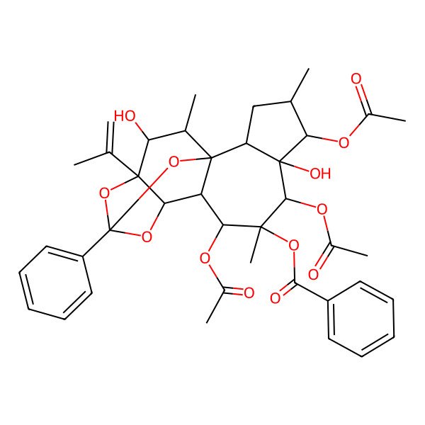 2D Structure of [(1R,2R,4S,5S,6R,7S,8R,9S,10S,11R,13S,15S,16S,17R)-5,7,9-triacetyloxy-6,16-dihydroxy-4,8,17-trimethyl-13-phenyl-15-prop-1-en-2-yl-12,14,18-trioxapentacyclo[11.4.1.01,10.02,6.011,15]octadecan-8-yl] benzoate