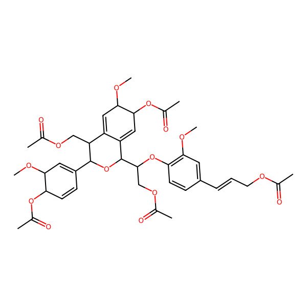 2D Structure of [(E)-3-[4-[(1R)-2-acetyloxy-1-[(1R,3R,4R,6S,7S)-7-acetyloxy-3-[(3R,4R)-4-acetyloxy-3-methoxycyclohexa-1,5-dien-1-yl]-4-(acetyloxymethyl)-6-methoxy-3,4,6,7-tetrahydro-1H-isochromen-1-yl]ethoxy]-3-methoxyphenyl]prop-2-enyl] acetate