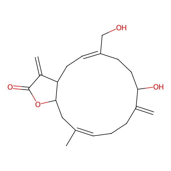 2D Structure of (3aR,5E,9S,13E,15aS)-9-hydroxy-6-(hydroxymethyl)-14-methyl-3,10-dimethylidene-4,7,8,9,11,12,15,15a-octahydro-3aH-cyclotetradeca[b]furan-2-one