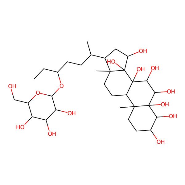 2D Structure of (3S,4S,5S,6S,7S,8R,9R,10R,13R,14R,15S,17R)-10,13-dimethyl-17-[(2R,5R)-5-[(2S,3R,4S,5S,6R)-3,4,5-trihydroxy-6-(hydroxymethyl)oxan-2-yl]oxyheptan-2-yl]-1,2,3,4,6,7,9,11,12,15,16,17-dodecahydrocyclopenta[a]phenanthrene-3,4,5,6,7,8,14,15-octol
