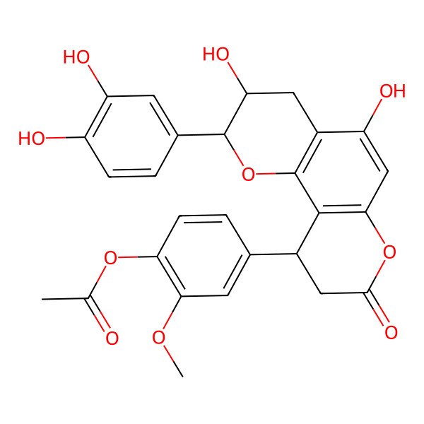 2D Structure of [4-[2-(3,4-dihydroxyphenyl)-3,5-dihydroxy-8-oxo-3,4,9,10-tetrahydro-2H-pyrano[2,3-f]chromen-10-yl]-2-methoxyphenyl] acetate