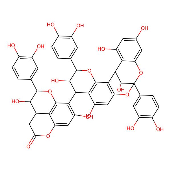2D Structure of (5S,6R,7R)-10-[(1R,5R,6R,7S,13S,21R)-5,13-bis(3,4-dihydroxyphenyl)-6,9,17,19,21-pentahydroxy-4,12,14-trioxapentacyclo[11.7.1.02,11.03,8.015,20]henicosa-2(11),3(8),9,15,17,19-hexaen-7-yl]-7-(3,4-dihydroxyphenyl)-6,11-dihydroxy-2,8-dioxatricyclo[7.3.1.05,13]trideca-1(13),9,11-trien-3-one