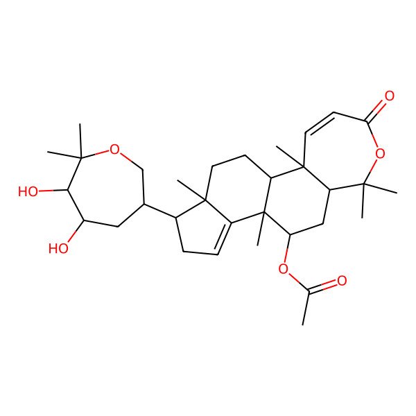 2D Structure of [1-(5,6-Dihydroxy-7,7-dimethyloxepan-3-yl)-3b,6,6,10a,12a-pentamethyl-8-oxo-1,2,4,5,5a,10b,11,12-octahydroindeno[5,4-g][2]benzoxepin-4-yl] acetate