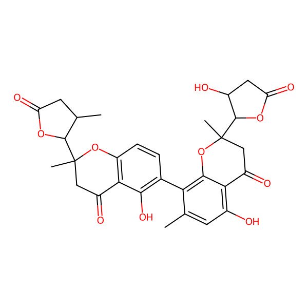 2D Structure of 5-hydroxy-8-[5-hydroxy-2-methyl-2-(3-methyl-5-oxooxolan-2-yl)-4-oxo-3H-chromen-6-yl]-2-(3-hydroxy-5-oxooxolan-2-yl)-2,7-dimethyl-3H-chromen-4-one
