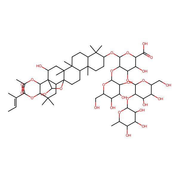 2D Structure of 6-[[22-Acetyloxy-2,23-dihydroxy-4,5,9,9,13,20,20-heptamethyl-21-(2-methylbut-2-enoyloxy)-24-oxahexacyclo[15.5.2.01,18.04,17.05,14.08,13]tetracosan-10-yl]oxy]-4-[4,5-dihydroxy-6-(hydroxymethyl)-3-(3,4,5-trihydroxy-6-methyloxan-2-yl)oxyoxan-2-yl]oxy-3-hydroxy-5-[3,4,5-trihydroxy-6-(hydroxymethyl)oxan-2-yl]oxyoxane-2-carboxylic acid