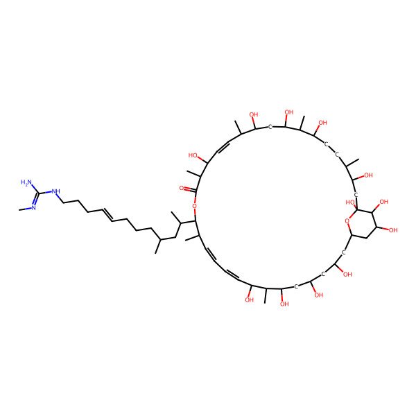 2D Structure of 1-[(E)-11-[(10Z,12E,20E)-3,5,7,9,19,23,25,27,31,33,34,35-dodecahydroxy-8,14,18,22,26,30-hexamethyl-17-oxo-16,37-dioxabicyclo[31.3.1]heptatriaconta-10,12,20-trien-15-yl]-9-methyldodec-4-enyl]-2-methylguanidine