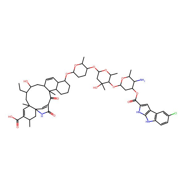 2D Structure of 15-[5-[5-[5-Amino-4-(7-chloro-3,4-dihydropyrrolo[2,3-b]indole-2-carbonyl)oxy-6-methyloxan-2-yl]oxy-4-hydroxy-4,6-dimethyloxan-2-yl]oxy-6-methyloxan-2-yl]oxy-8-ethyl-9-hydroxy-3,6,20-trimethyl-21,23-dioxo-24-azapentacyclo[20.2.1.01,6.011,20.014,19]pentacosa-4,12,22(25)-triene-4-carboxylic acid