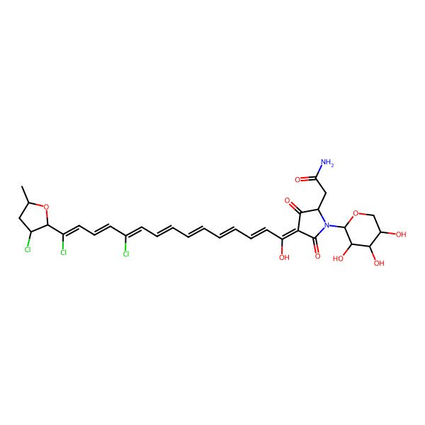 2D Structure of 2-[(2S,4Z)-4-[(2E,4E,6E,8E,10Z,12E,14Z)-11,15-dichloro-15-[(3S,5R)-3-chloro-5-methyloxolan-2-yl]-1-hydroxypentadeca-2,4,6,8,10,12,14-heptaenylidene]-3,5-dioxo-1-[(2R,4R,5R)-3,4,5-trihydroxyoxan-2-yl]pyrrolidin-2-yl]acetamide