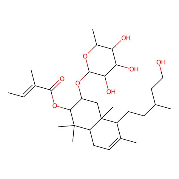 2D Structure of [(2S,3S,4aS,5R,8aS)-5-[(3S)-5-hydroxy-3-methylpentyl]-1,1,4a,6-tetramethyl-3-[(2R,3R,4R,5R,6S)-3,4,5-trihydroxy-6-methyloxan-2-yl]oxy-2,3,4,5,8,8a-hexahydronaphthalen-2-yl] (Z)-2-methylbut-2-enoate
