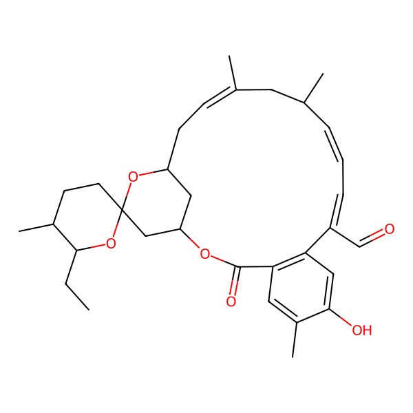 2D Structure of 6'-Ethyl-7-hydroxy-5',6,14,16-tetramethyl-3-oxospiro[2,20-dioxatricyclo[17.3.1.04,9]tricosa-4(9),5,7,10,12,16-hexaene-21,2'-oxane]-10-carbaldehyde