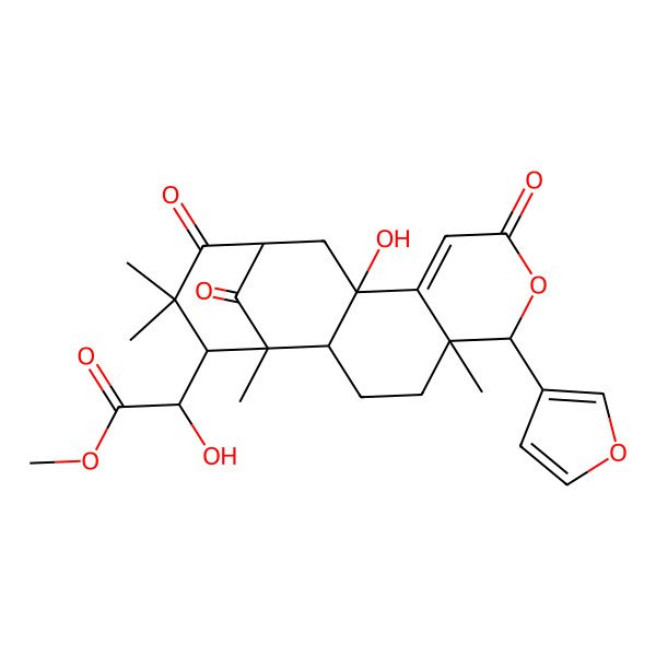 2D Structure of methyl (2R)-2-[(1S,2R,5R,6R,11R,13S,16S)-6-(furan-3-yl)-11-hydroxy-1,5,15,15-tetramethyl-8,14,17-trioxo-7-oxatetracyclo[11.3.1.02,11.05,10]heptadec-9-en-16-yl]-2-hydroxyacetate