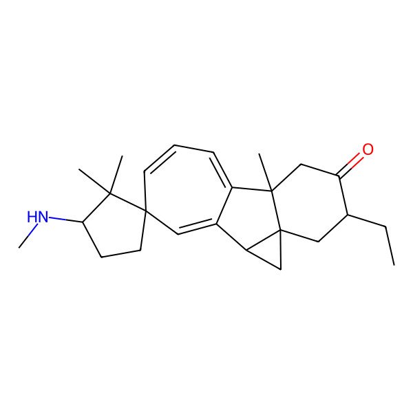2D Structure of 6'-Ethyl-2,2,9'-trimethyl-3-(methylamino)spiro[cyclopentane-1,14'-tetracyclo[8.5.0.02,4.04,9]pentadeca-1(15),10,12-triene]-7'-one