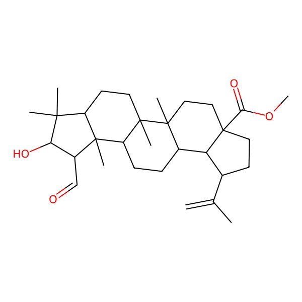 2D Structure of methyl (1R,2R,5R,8R,9R,10S,13S,14S,15S,16R,18R)-15-formyl-16-hydroxy-1,2,14,17,17-pentamethyl-8-prop-1-en-2-ylpentacyclo[11.7.0.02,10.05,9.014,18]icosane-5-carboxylate