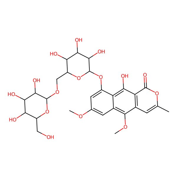 2D Structure of 10-hydroxy-5,7-dimethoxy-3-methyl-9-[(2S,3R,4S,5S,6R)-3,4,5-trihydroxy-6-[[(2R,3R,4S,5S,6R)-3,4,5-trihydroxy-6-(hydroxymethyl)oxan-2-yl]oxymethyl]oxan-2-yl]oxybenzo[g]isochromen-1-one