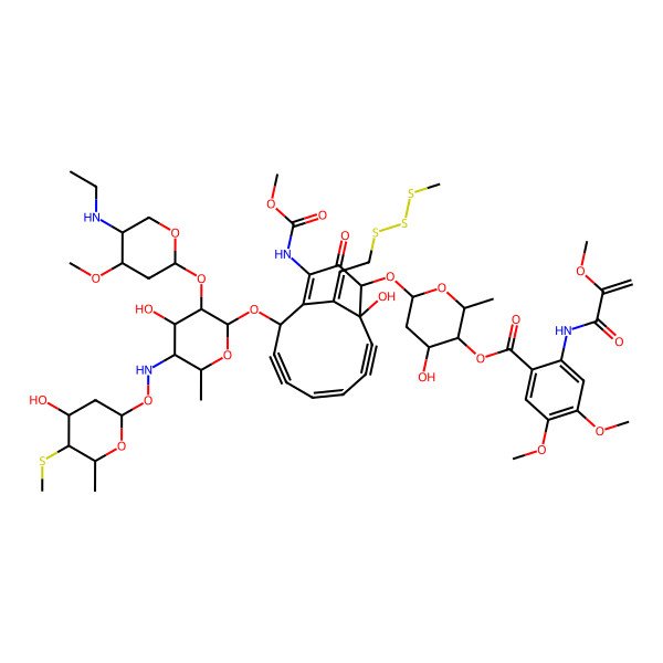 2D Structure of [6-[[(2S,5Z,9R,13E)-2-[3-[5-(ethylamino)-4-methoxyoxan-2-yl]oxy-4-hydroxy-5-[(4-hydroxy-6-methyl-5-methylsulfanyloxan-2-yl)oxyamino]-6-methyloxan-2-yl]oxy-9-hydroxy-12-(methoxycarbonylamino)-13-[2-(methyltrisulfanyl)ethylidene]-11-oxo-10-bicyclo[7.3.1]trideca-1(12),5-dien-3,7-diynyl]oxy]-4-hydroxy-2-methyloxan-3-yl] 4,5-dimethoxy-2-(2-methoxyprop-2-enoylamino)benzoate