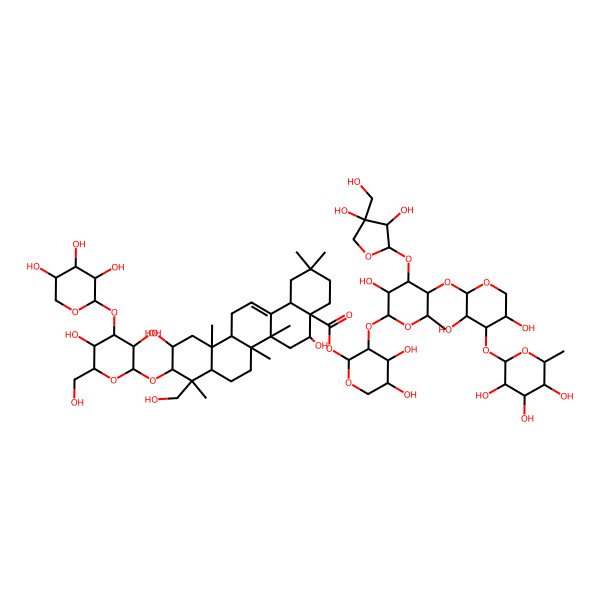 2D Structure of [(2R,3R,4R,5R)-3-[(2S,3R,4R,5S,6S)-4-[(2S,3R,4R)-3,4-dihydroxy-4-(hydroxymethyl)oxolan-2-yl]oxy-5-[(2S,3R,4S,5R)-3,5-dihydroxy-4-[(2S,3R,4R,5R,6S)-3,4,5-trihydroxy-6-methyloxan-2-yl]oxyoxan-2-yl]oxy-3-hydroxy-6-methyloxan-2-yl]oxy-4,5-dihydroxyoxan-2-yl] (4aR,5R,6aR,6aS,6bR,8aR,9R,10R,11S,12aR,14bS)-10-[(2R,3R,4S,5R,6R)-3,5-dihydroxy-6-(hydroxymethyl)-4-[(2S,3R,4S,5R)-3,4,5-trihydroxyoxan-2-yl]oxyoxan-2-yl]oxy-5,11-dihydroxy-9-(hydroxymethyl)-2,2,6a,6b,9,12a-hexamethyl-1,3,4,5,6,6a,7,8,8a,10,11,12,13,14b-tetradecahydropicene-4a-carboxylate