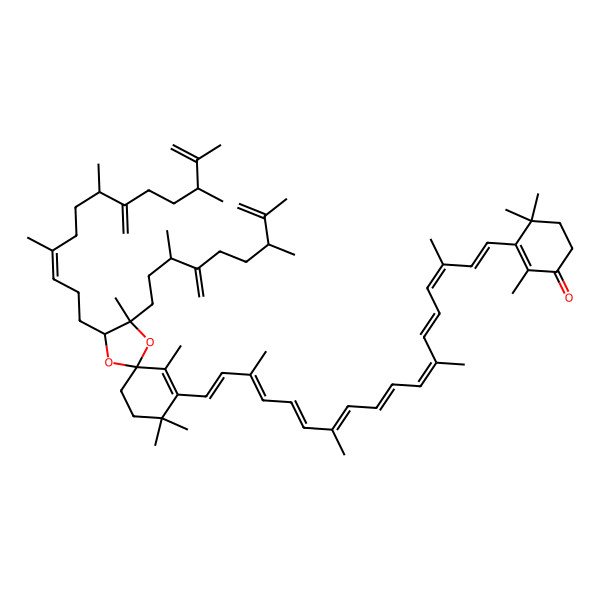 2D Structure of 2,4,4-trimethyl-3-[(1E,3E,5E,7E,9E,11E,13E,15E,17E)-3,7,12,16-tetramethyl-18-[(2R,3R,5R)-3,6,8,8-tetramethyl-2-[(3E,7R,11R)-4,7,11,12-tetramethyl-8-methylidenetrideca-3,12-dienyl]-3-[(3S,7S)-3,7,8-trimethyl-4-methylidenenon-8-enyl]-1,4-dioxaspiro[4.5]dec-6-en-7-yl]octadeca-1,3,5,7,9,11,13,15,17-nonaenyl]cyclohex-2-en-1-one