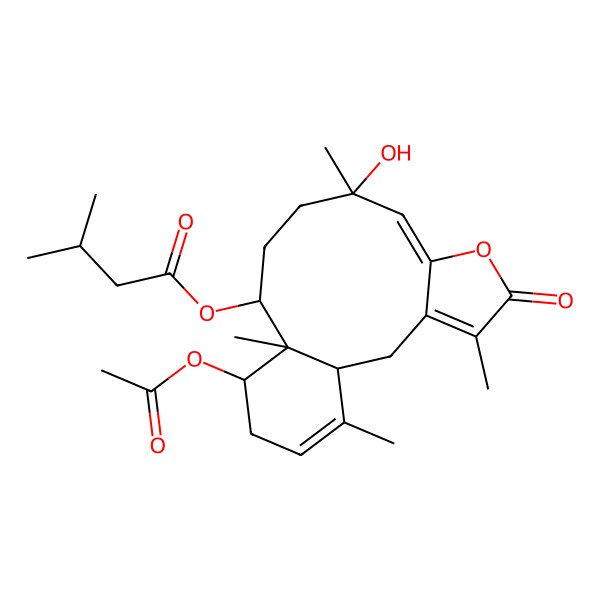 2D Structure of (14-Acetyloxy-9-hydroxy-4,9,13,17-tetramethyl-5-oxo-6-oxatricyclo[11.4.0.03,7]heptadeca-3,7,16-trien-12-yl) 3-methylbutanoate