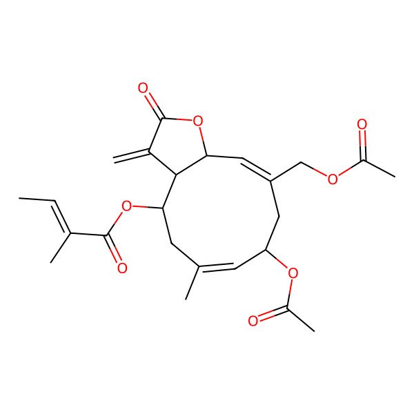 2D Structure of [(3aR,4R,6E,8R,10E,11aR)-8-acetyloxy-10-(acetyloxymethyl)-6-methyl-3-methylidene-2-oxo-3a,4,5,8,9,11a-hexahydrocyclodeca[b]furan-4-yl] (E)-2-methylbut-2-enoate