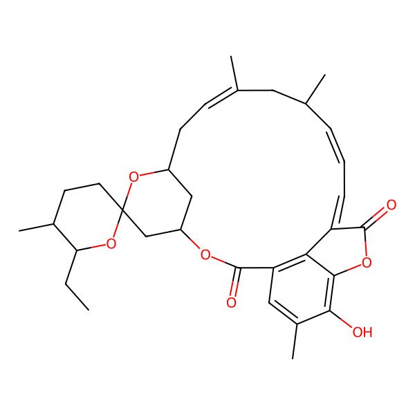 2D Structure of 6'-Ethyl-21-hydroxy-5',11,13,22-tetramethylspiro[3,7,19-trioxatetracyclo[15.6.1.14,8.020,24]pentacosa-1(24),10,14,16,20,22-hexaene-6,2'-oxane]-2,18-dione