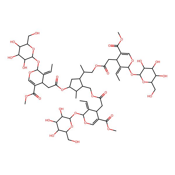 2D Structure of methyl (4S,5E,6S)-5-ethylidene-4-[2-[[(1R,2R,3S,5S)-3-[2-[(2S,3E,4S)-3-ethylidene-5-methoxycarbonyl-2-[(2S,3R,4S,5S,6R)-3,4,5-trihydroxy-6-(hydroxymethyl)oxan-2-yl]oxy-4H-pyran-4-yl]acetyl]oxy-5-[(2R)-1-[2-[(2S,3E,4S)-3-ethylidene-5-methoxycarbonyl-2-[(2S,3R,4S,5S,6R)-3,4,5-trihydroxy-6-(hydroxymethyl)oxan-2-yl]oxy-4H-pyran-4-yl]acetyl]oxypropan-2-yl]-2-methylcyclopentyl]methoxy]-2-oxoethyl]-6-[(2S,3R,4S,5S,6R)-3,4,5-trihydroxy-6-(hydroxymethyl)oxan-2-yl]oxy-4H-pyran-3-carboxylate