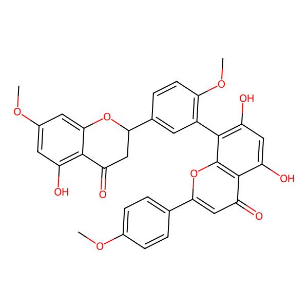 2D Structure of 5,7-dihydroxy-8-[5-[(2R)-5-hydroxy-7-methoxy-4-oxo-2,3-dihydrochromen-2-yl]-2-methoxyphenyl]-2-(4-methoxyphenyl)chromen-4-one