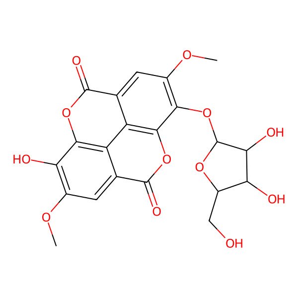 2D Structure of 7-[(2S,3R,4R,5S)-3,4-dihydroxy-5-(hydroxymethyl)oxolan-2-yl]oxy-14-hydroxy-6,13-dimethoxy-2,9-dioxatetracyclo[6.6.2.04,16.011,15]hexadeca-1(15),4,6,8(16),11,13-hexaene-3,10-dione
