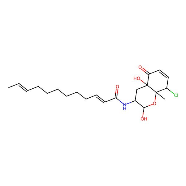 2D Structure of N-[(2R,3S,4aS,8R,8aR)-8-chloro-2,4a-dihydroxy-8a-methyl-5-oxo-2,3,4,8-tetrahydrochromen-3-yl]dodeca-2,10-dienamide