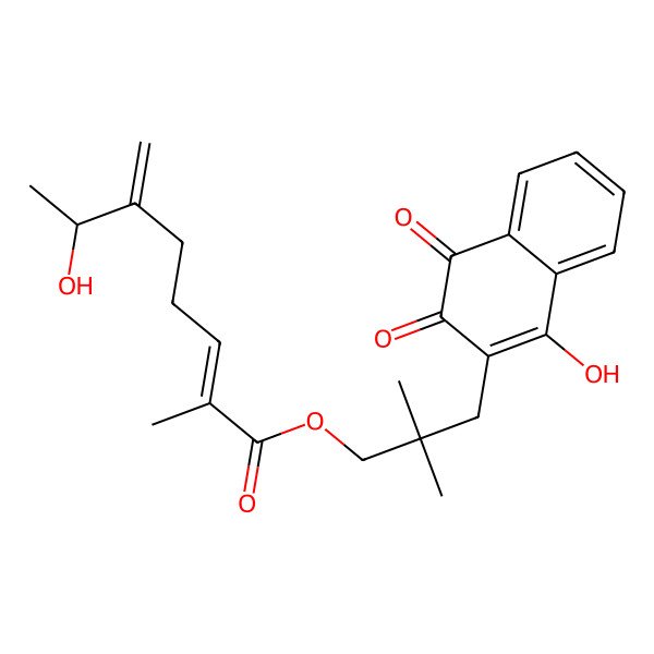 2D Structure of [3-(1-hydroxy-3,4-dioxonaphthalen-2-yl)-2,2-dimethylpropyl] (E)-7-hydroxy-2-methyl-6-methylideneoct-2-enoate