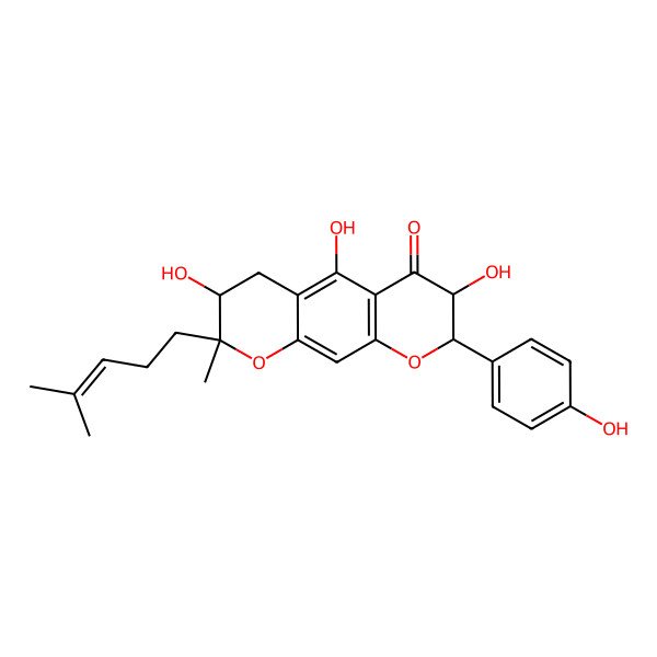 2D Structure of (2S,3R,7R,8R)-3,5,7-trihydroxy-8-(4-hydroxyphenyl)-2-methyl-2-(4-methylpent-3-enyl)-3,4,7,8-tetrahydropyrano[3,2-g]chromen-6-one