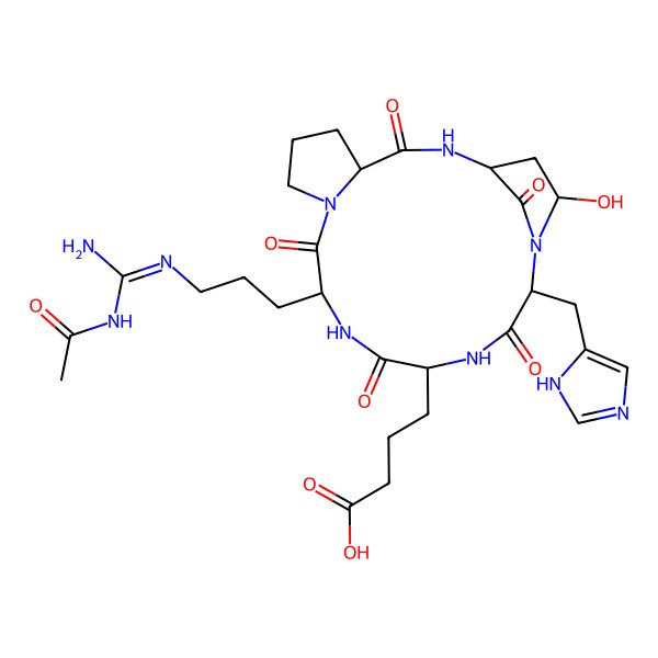 2D Structure of 4-[10-[3-[[acetamido(amino)methylidene]amino]propyl]-18-hydroxy-16-(1H-imidazol-5-ylmethyl)-3,9,12,15,20-pentaoxo-2,8,11,14,17-pentazatricyclo[15.2.1.04,8]icosan-13-yl]butanoic acid