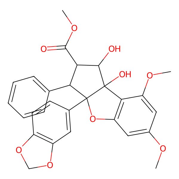 2D Structure of methyl 3a-(1,3-benzodioxol-5-yl)-1,8b-dihydroxy-6,8-dimethoxy-3-phenyl-2,3-dihydro-1H-cyclopenta[b][1]benzofuran-2-carboxylate