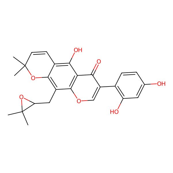 2D Structure of 7-(2,4-Dihydroxyphenyl)-10-[(3,3-dimethyloxiran-2-yl)methyl]-5-hydroxy-2,2-dimethylpyrano[3,2-g]chromen-6-one