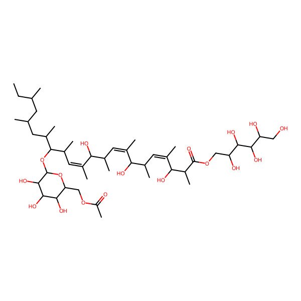 2D Structure of 2,3,4,5,6-Pentahydroxyhexyl 15-[6-(acetyloxymethyl)-3,4,5-trihydroxyoxan-2-yl]oxy-3,7,11-trihydroxy-2,4,6,8,10,12,14,16,18,20-decamethyldocosa-4,8,12-trienoate