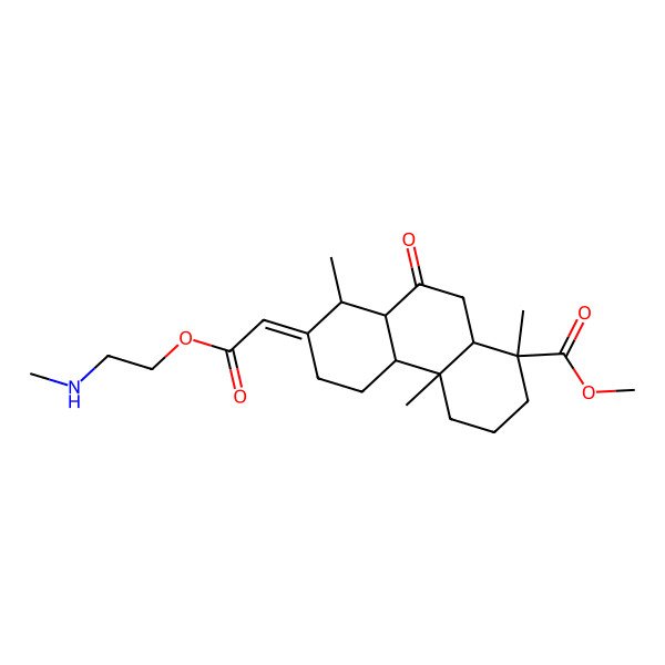 2D Structure of methyl (1S,4aS,4bS,7E,8R,8aR,10aR)-1,4a,8-trimethyl-7-[2-[2-(methylamino)ethoxy]-2-oxoethylidene]-9-oxo-2,3,4,4b,5,6,8,8a,10,10a-decahydrophenanthrene-1-carboxylate
