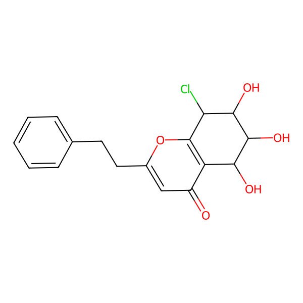 2D Structure of 4H-1-Benzopyran-4-one,8-chloro-5,6,7,8-tetrahydro-5,6,7-trihydroxy-2-(2-phenylethyl)-,(5R,6R,7R,8S)-rel-(+)-