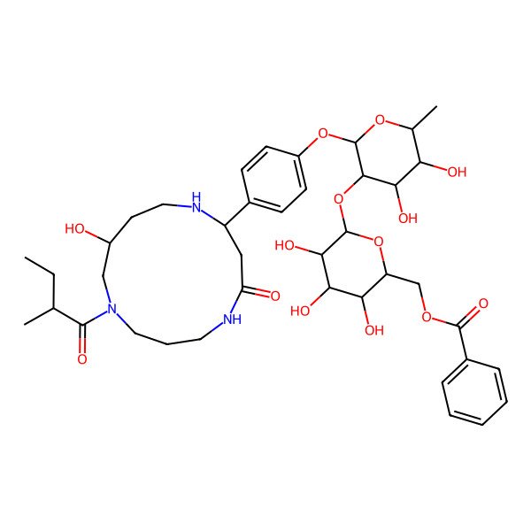 2D Structure of [(2R,3S,4S,5R,6S)-6-[(2S,3R,4R,5R,6S)-4,5-dihydroxy-2-[4-[(2S,11R)-11-hydroxy-9-[(2S)-2-methylbutanoyl]-4-oxo-1,5,9-triazacyclotridec-2-yl]phenoxy]-6-methyloxan-3-yl]oxy-3,4,5-trihydroxyoxan-2-yl]methyl benzoate