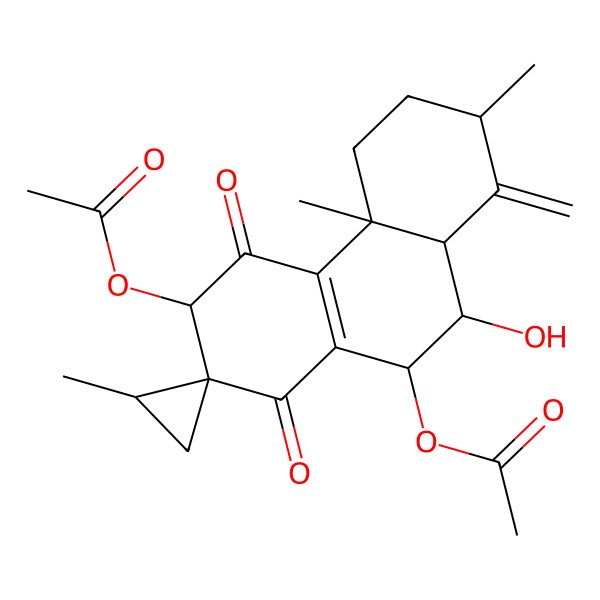 2D Structure of (6-acetyloxy-10-hydroxy-2,2',4a-trimethyl-1-methylidene-5,8-dioxospiro[3,4,6,9,10,10a-hexahydro-2H-phenanthrene-7,1'-cyclopropane]-9-yl) acetate